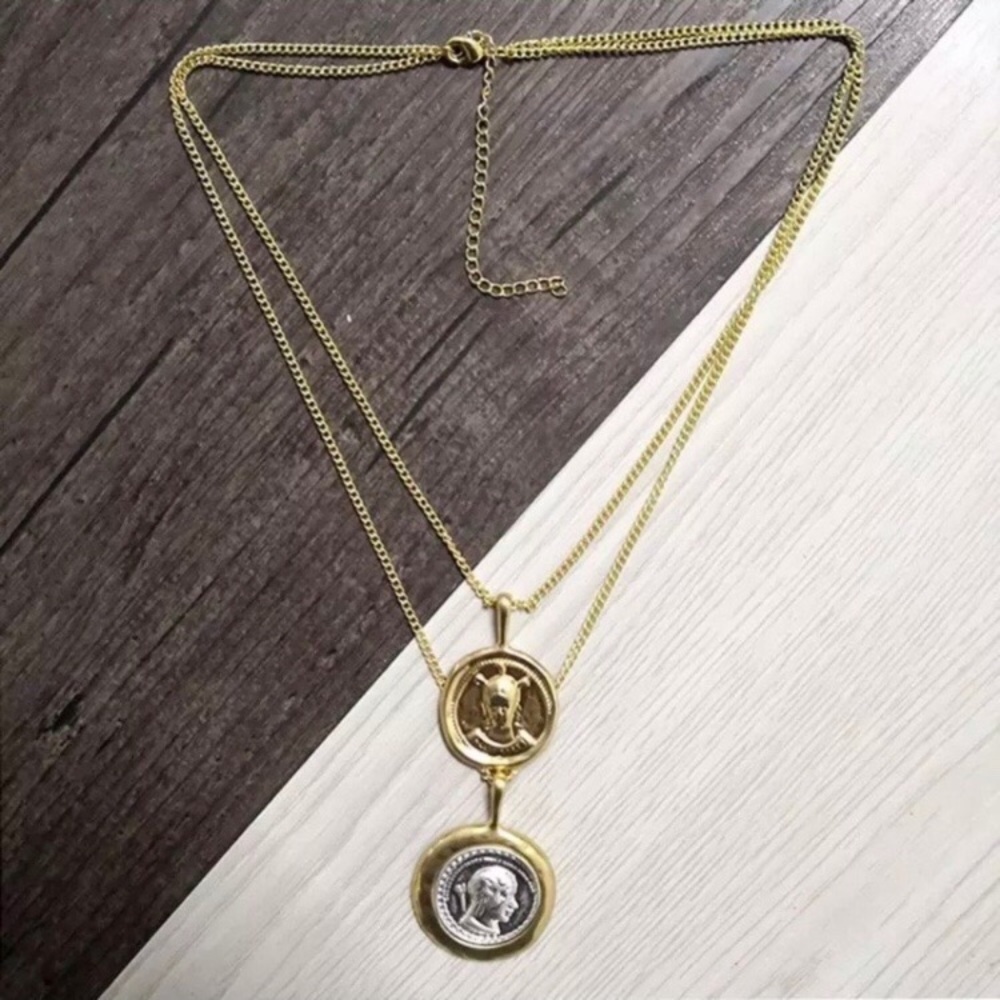 Coin Pendant Vintage Double Chain Layered Necklace - Picture 4 of 9